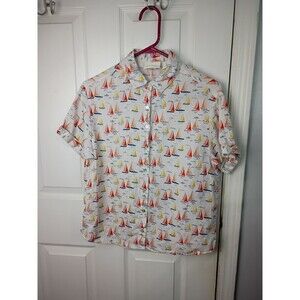 Cynthia Rowley Top Women S White Red Linen Sailboat Nautical Short Sleeve Boxy